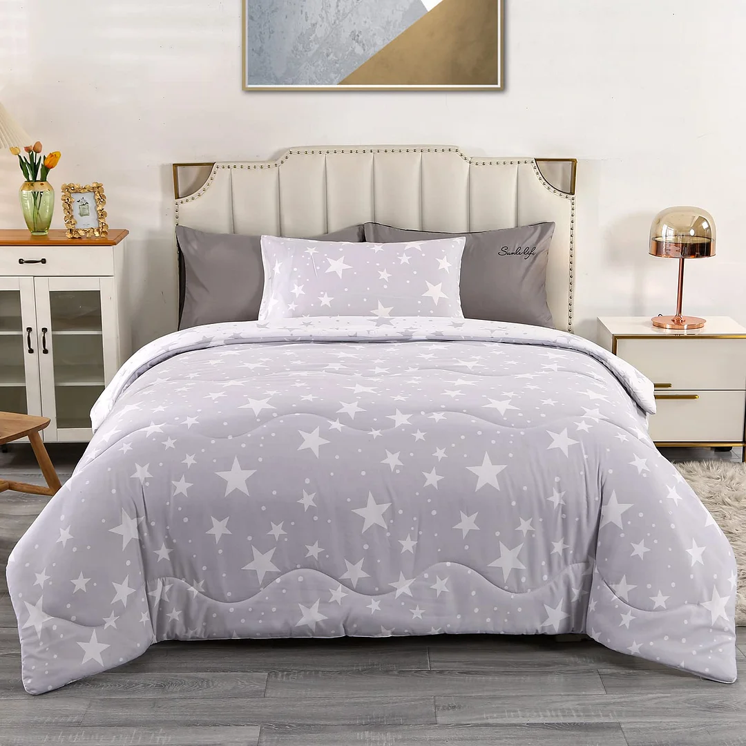 Qucover Star Comforter Set Twin 2-Piece Reversible Grey & White Star Pattern Bedding Comforter Set for Boys, Girls, Teen, Super Soft Warm Winter Thick Comforter with Pillowcase