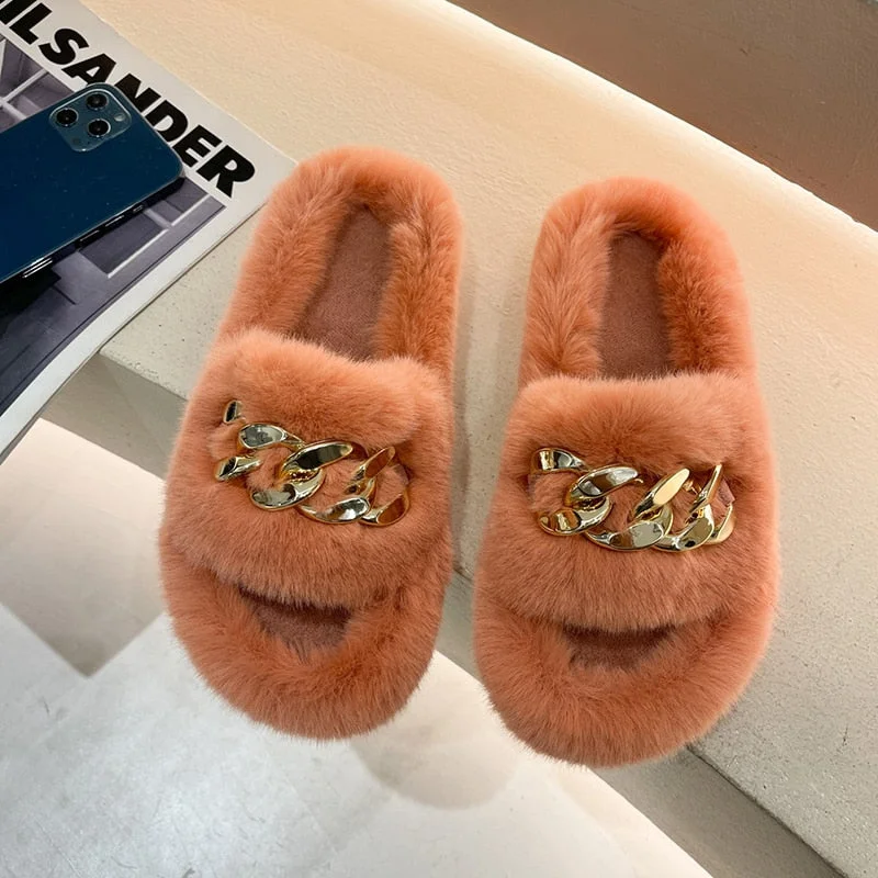 Summer Fluffy Women slippers Gold Chain Fur slippers Shoes Women Fox Fur Flip Flop Flat Furry Fur Slides Outdoor Sandals Woman
