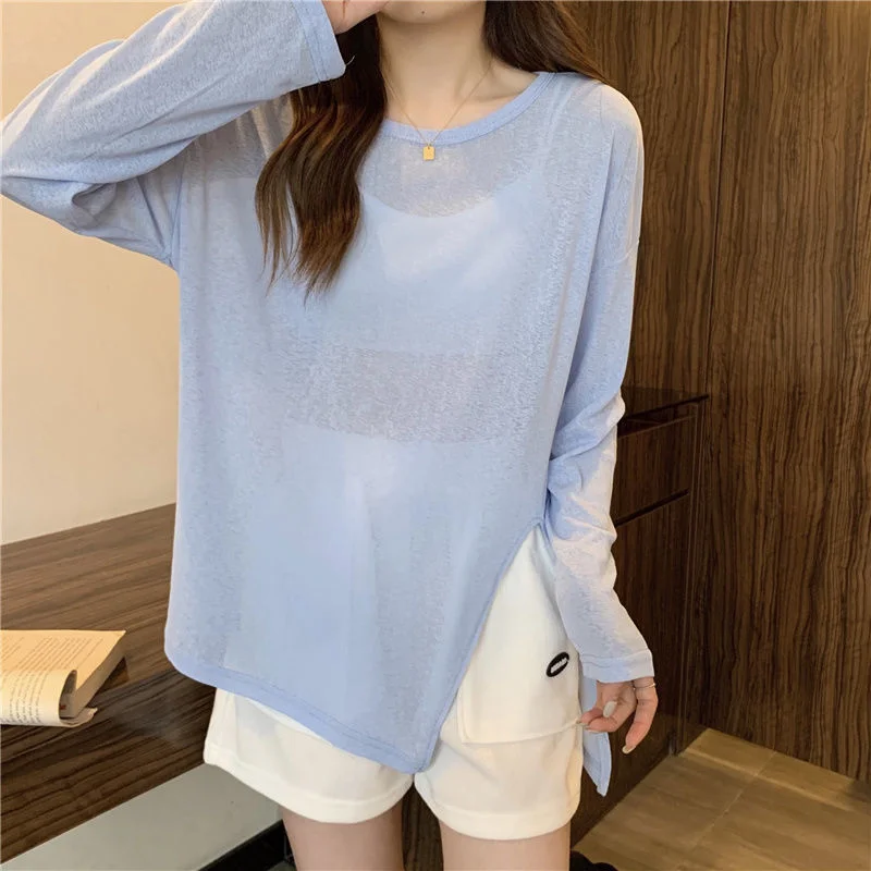 Uveng Uveng Fork Sunscreen Long-Sleeved T-Shirt For Women 2023 New Solid-Color Top Loose Air-Conditioning Hooded Summer Bottoming Shirt