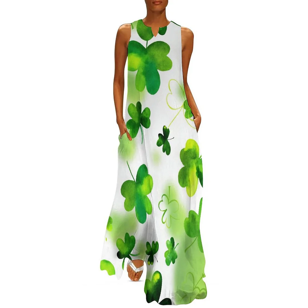 Style & Comfort for Mature Women Plus Size Printed Sleeveless Casual Women Maxi Dress with Pockets in Pattern St. Patrick's Day, Green, Clover, Lucky