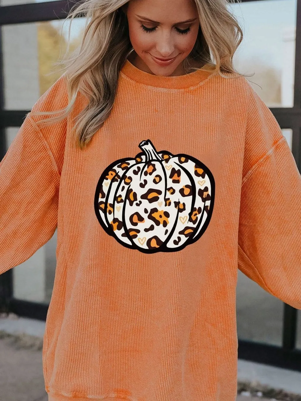 Leopard Pumpkin Orange Corded Graphic Sweater