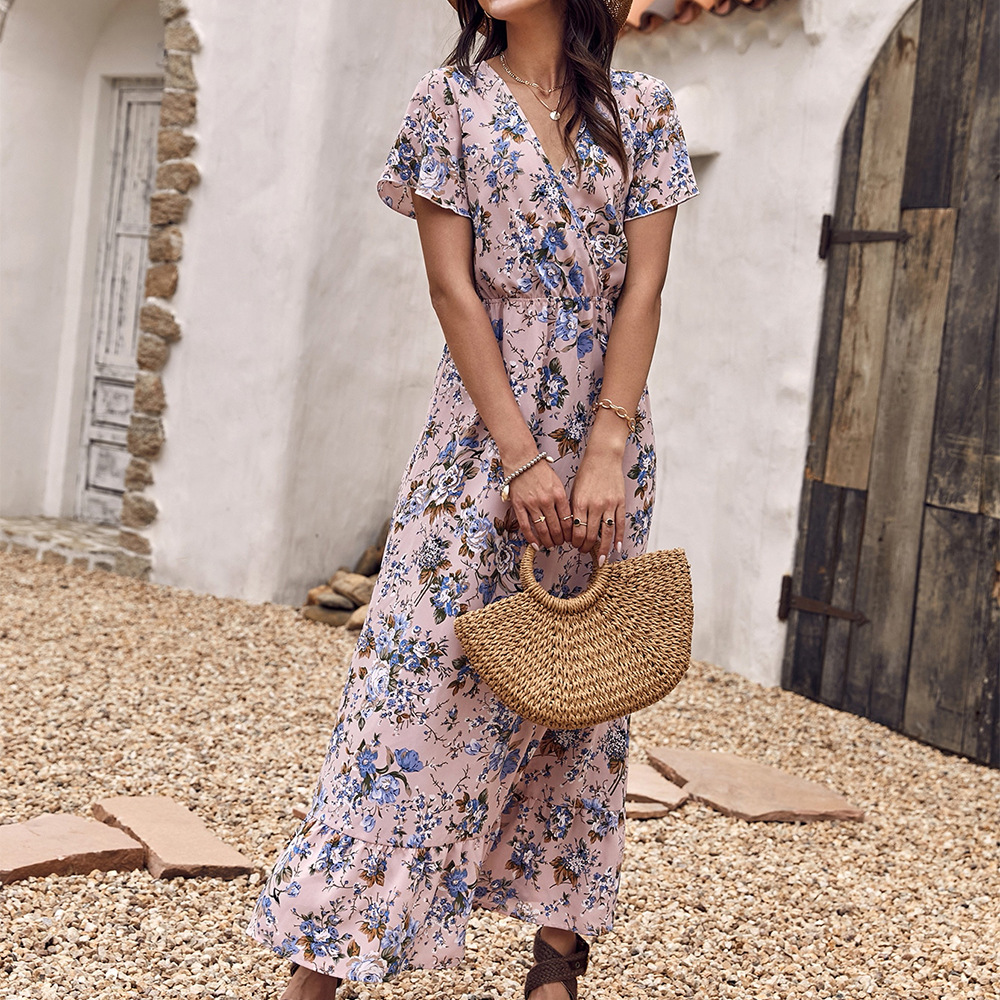 Elegant Floral Fashion V-Neck Print Maxi Dress