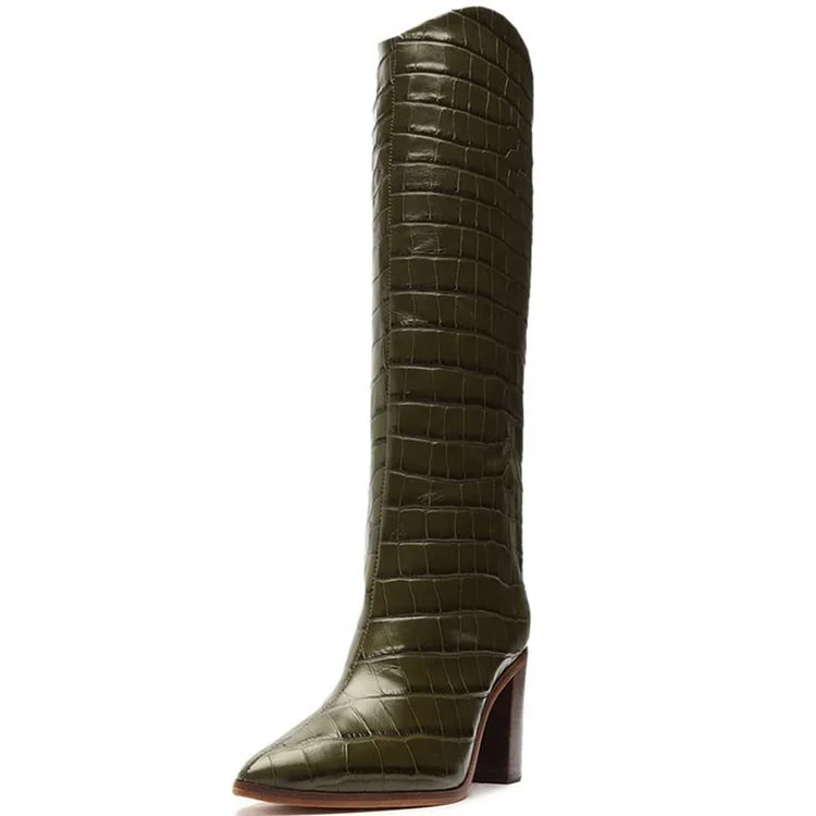 Olive Vintage Pointed Toe Croco Embossed Chunky Heel Knee High Boots |FSJ Shoes