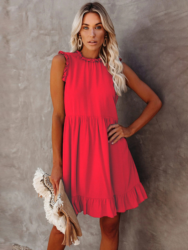 Mature Women Summer Fashion Solid Color Ruffled Waist Dress