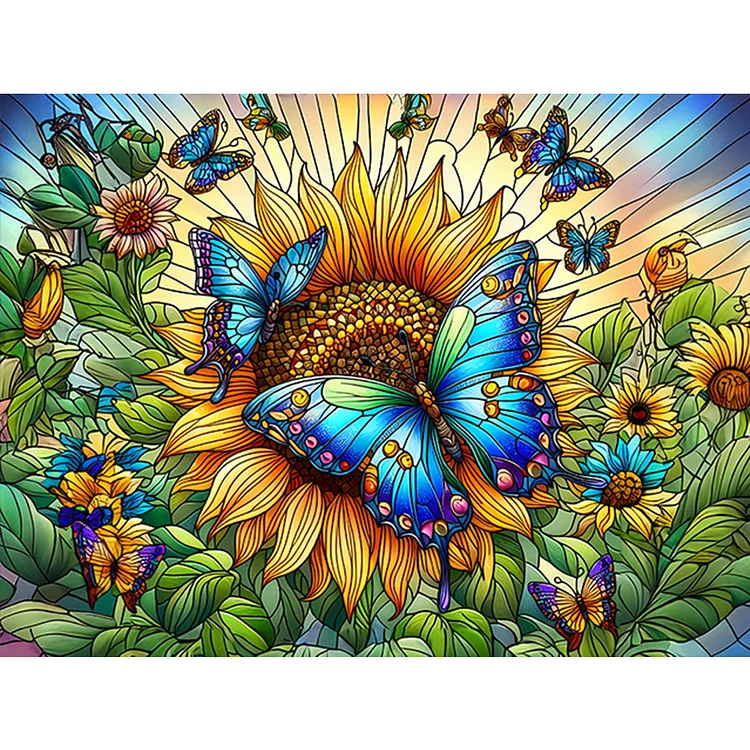 Full Round Diamond Painting - Glass Art - Sunflower Butterfly 40*30CM