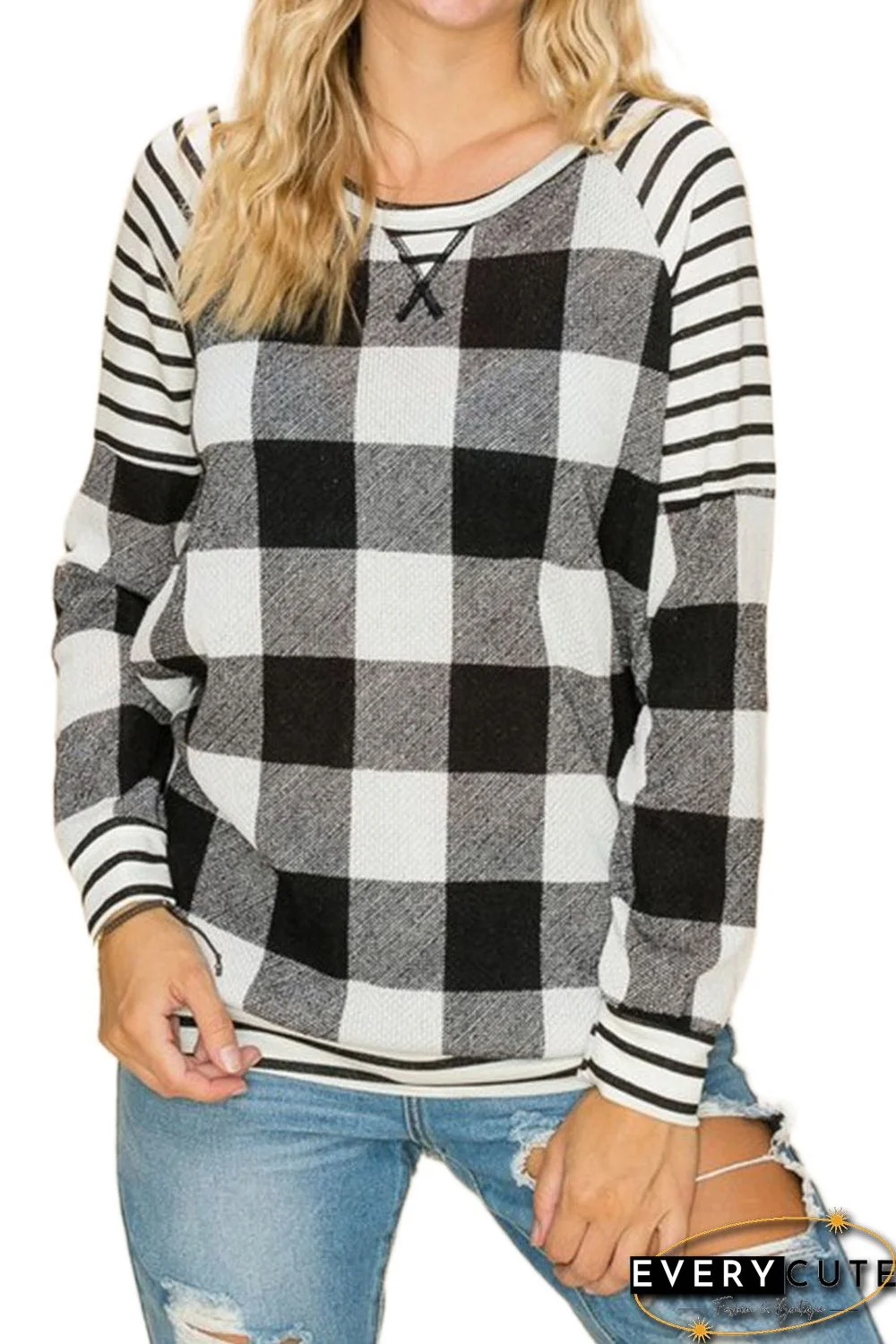 Black Buffalo Plaid Stripe Splicing Long Sleeve Top