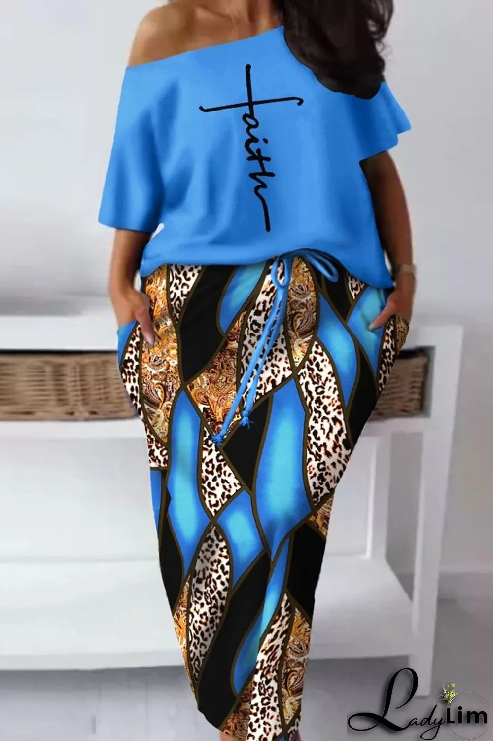 Red Casual Street Print Patchwork Oblique Collar Short Sleeve Two Pieces
