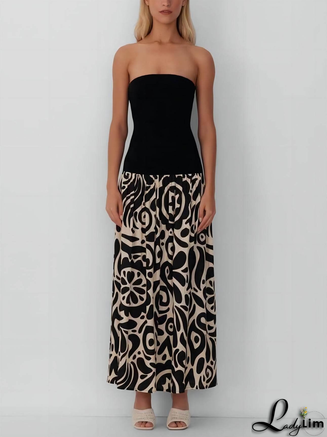 Strapless Floral Print Midi Dress