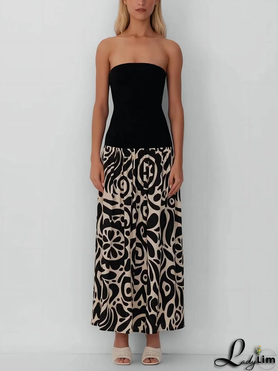 Strapless Floral Print Midi Dress