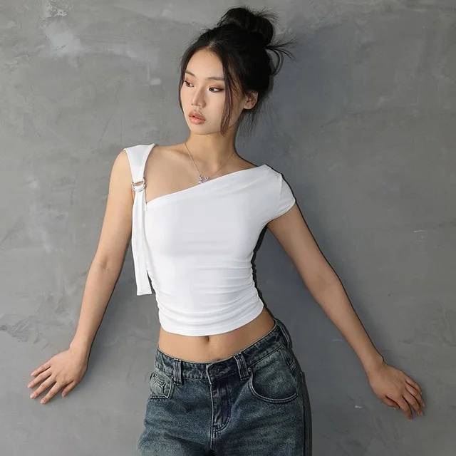 Summer T-Shirts Women Sexy Folds Sweet Irregular Bandage Design Slim Chic Skew Collar Crop Tops Aesthetic Club Korean S