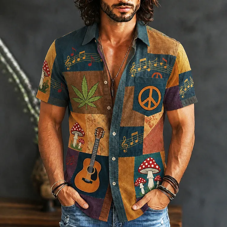 Men's Hippie Mushroom Cannabis Leaves Boho Music Guitar Patchwork Print Shirt