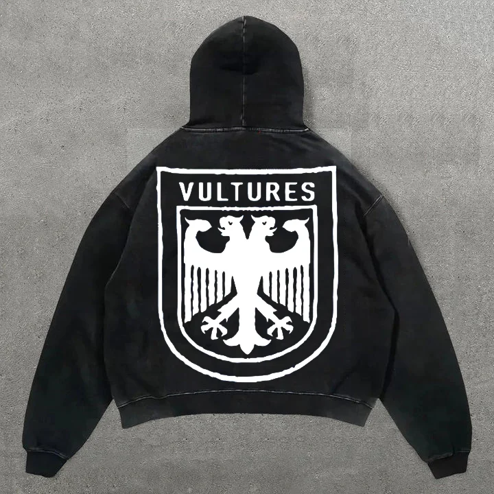 Vintage Vultures Print Graphic Acid Washed Oversized Pullover Hoodie SOPULA