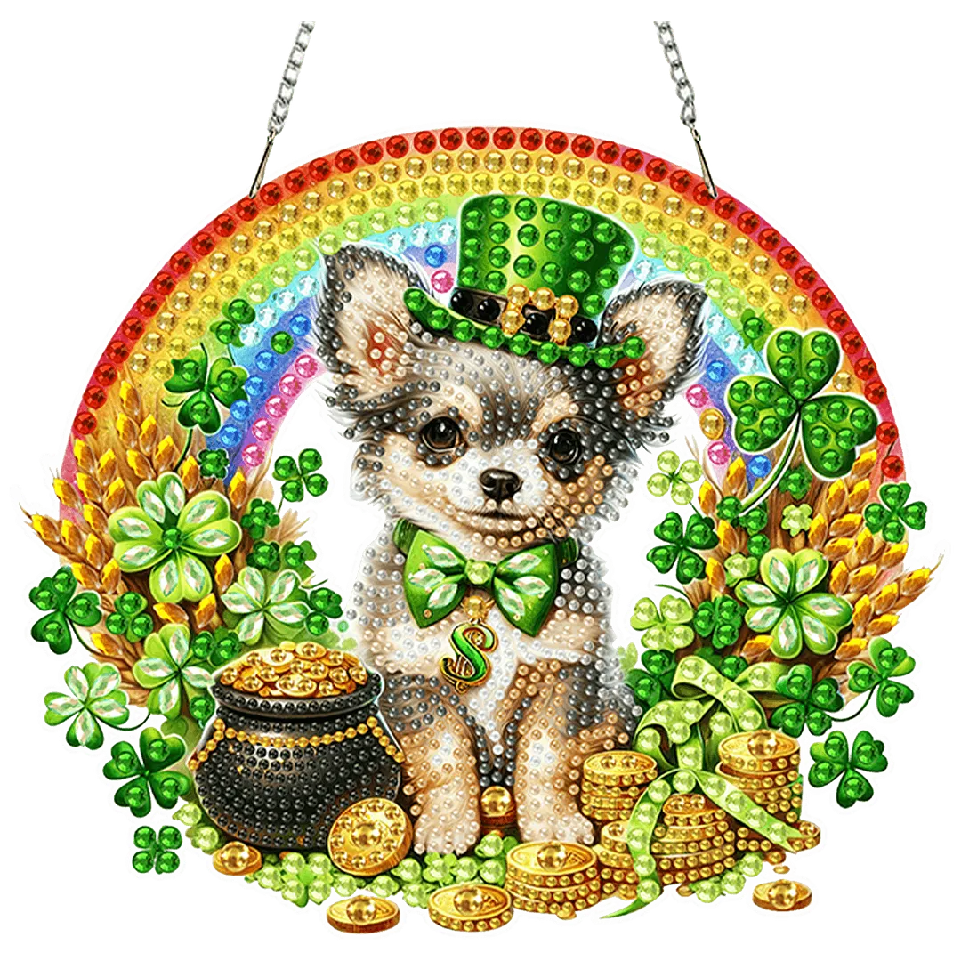 St Patricks Day Dog DIY 2D Flat Acrylic Diamond Painting Kits 5D Diamond Art Painting Window Pendants for Home Garden Wall Decoration
