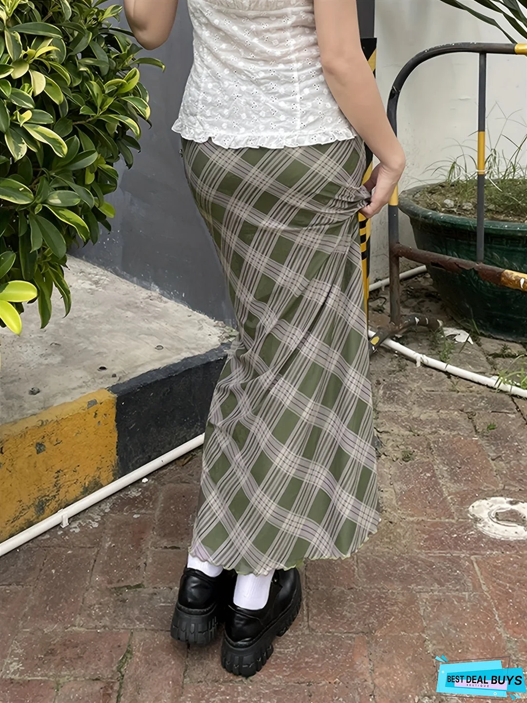 Plaid Print Lettuce Trim Skirt, Vintage Bodycon Skirt For Spring & Fall, Women's Clothing