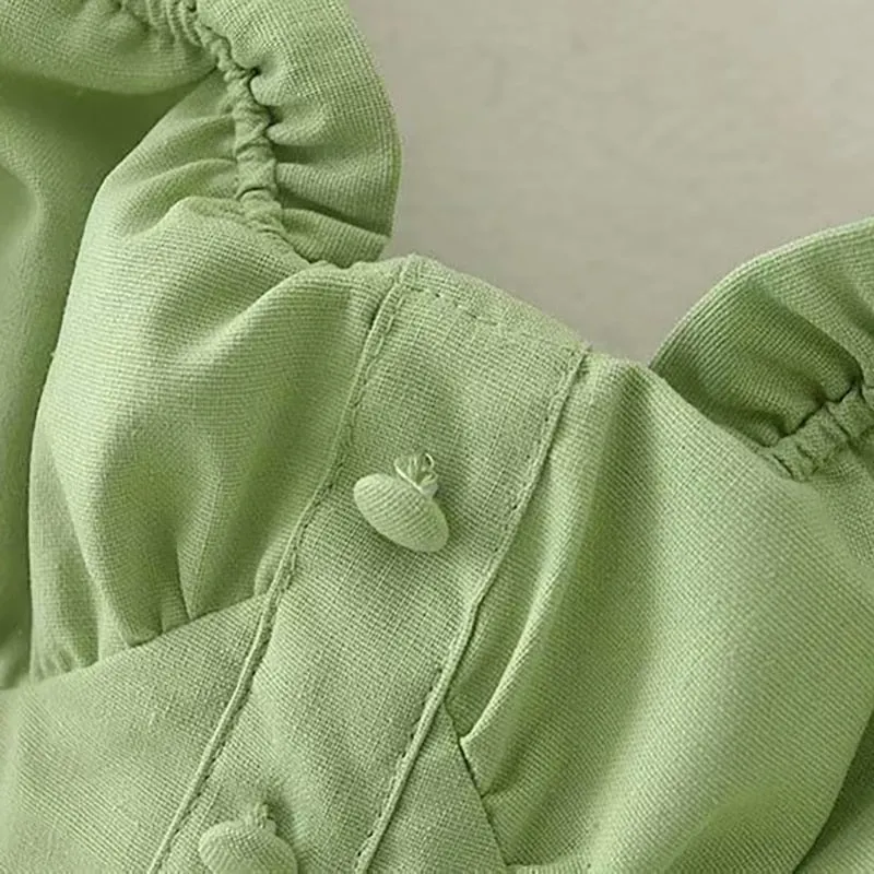 2020 summer new slim vintage chic green square collar ruffle short puff short sleeve casual cropped tops blouses woman