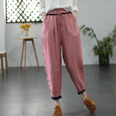 Casual Solid Color Lace-up Linen Pants