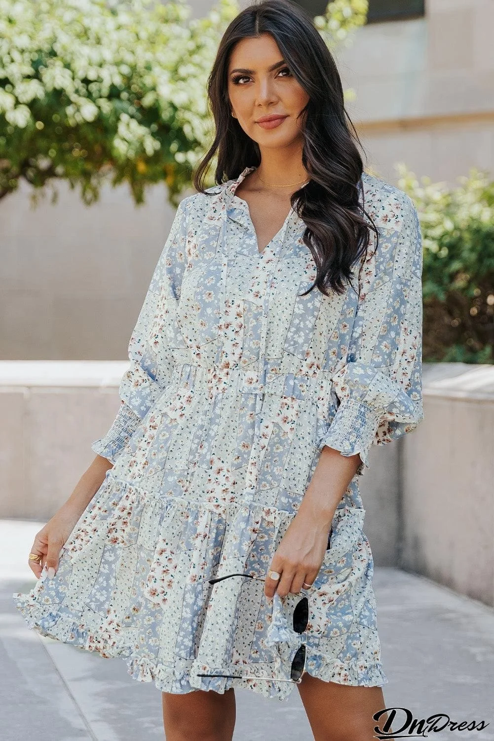 Floral Patchwork Tie-Neck Frill Trim Dress