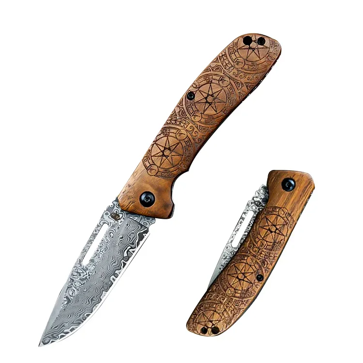 Tarot 3.4-INCH Damascus(Sandwich) Steel Folding knife(without lock) with Walnut Totem Handle