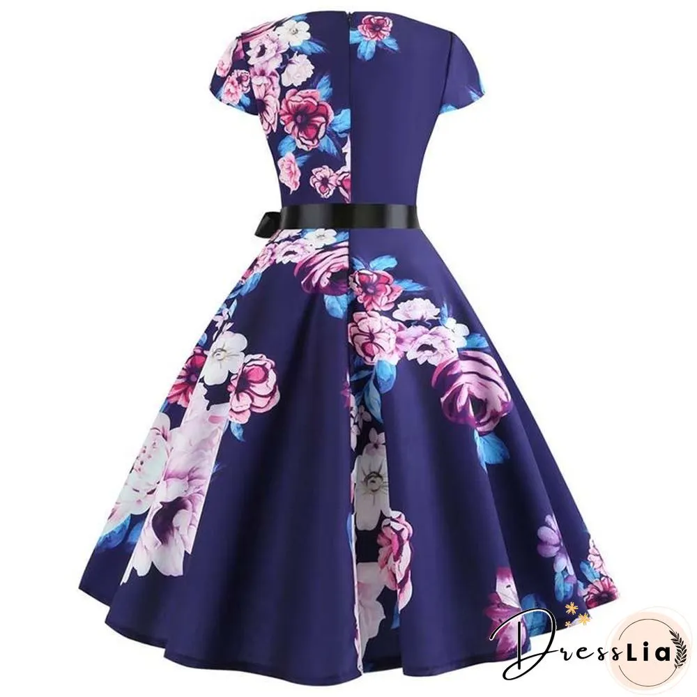 Women Vintage Summer Floral Print Short Sleeve Party Dresses