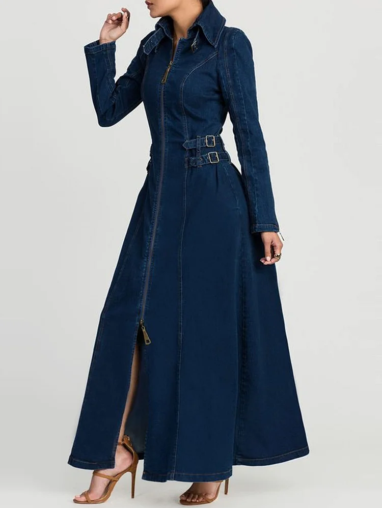 Casual Turndown Collar Zipper Waist Buckle Denim Maxi Dress