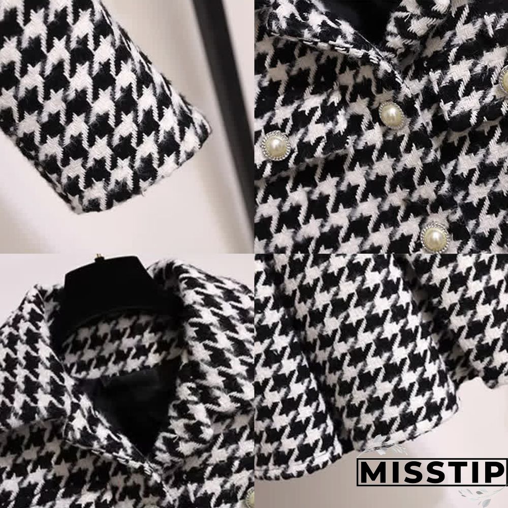 Chic Houndstooth Print Crop Blazer Jacket Pleated Skirt