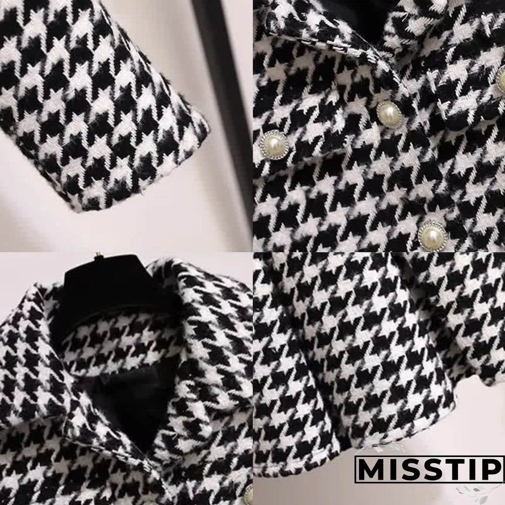 Chic Houndstooth Print Crop Blazer Jacket Pleated Skirt
