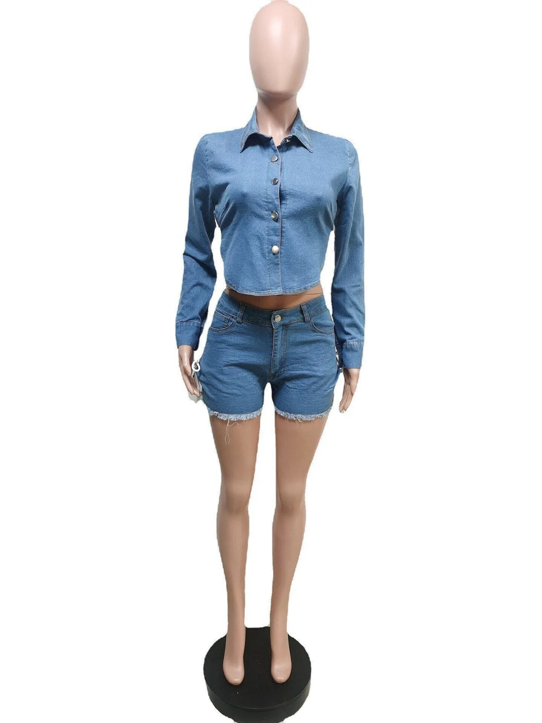 CM.YAYA Women Denim Two 2 Piece Set Classic Backless Crop Tops and Lace Up Shorts Matching Set Outfits Streetwear Jean Tracksuit