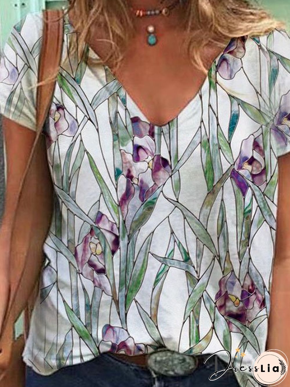 Short Sleeve Cotton-Blend Shift Floral T-shirt