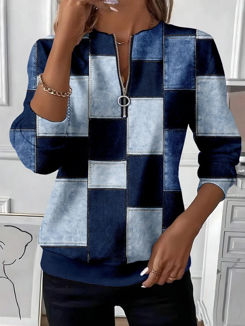 Women Long Sleeve Scoop Neck Plaid Colorblock Printed Graphic Zipper Tops