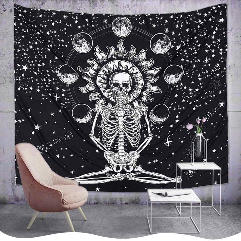   Halloween Skull Skeleton And Sun Planets Print Tapestry Home Decoration - Neojana