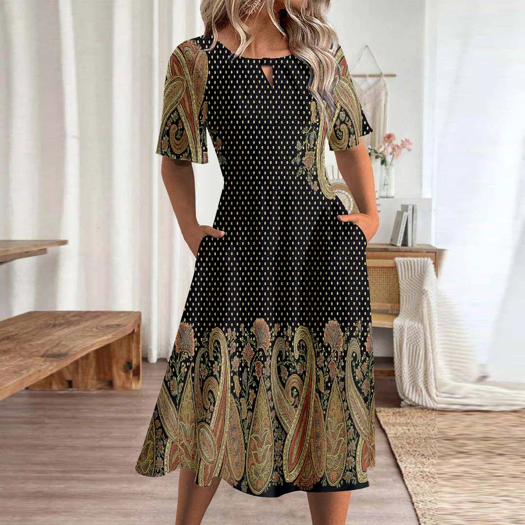 Women Graphic,Brown DZHA8167 Short Sleeve Scoop Neck Graphic Printed Hollow Midi Dress