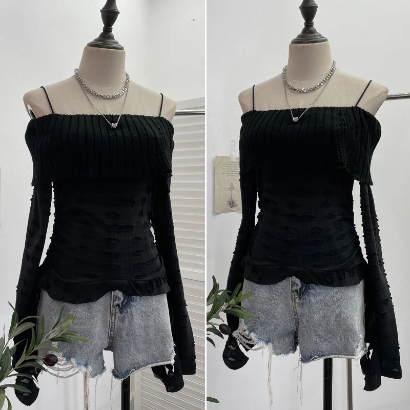 Uveng Real Shooting Of Waste Soil Wind Word Leakage Collar Collar Collar To Make Old Hole Sling Knitted Shirt With Short Sweater 1113