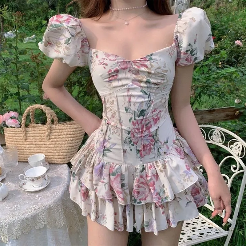 French Style Summer Elegant Floral Print Dress Women Sexy Puff Sleeve Square Sleeve Beach Slim Ruffle Mini Dress 2021 New