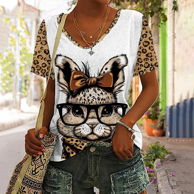 Women's Easter Leopard Bunny Printed V-Neck T-Shirt