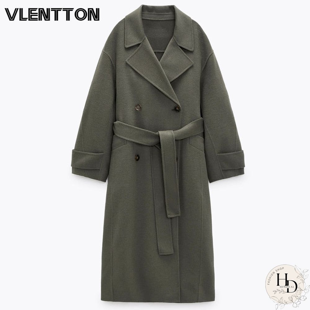 Autumn Winter Womens Warm Woolen Treach Coat Vintage Olive Green Long Outwear Female