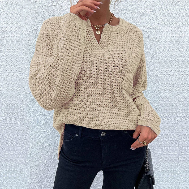 Uveng Uveng Fashion Women's Top Knit Jumper Long Sleeve V-Neck Pocket Solid Color Sweater Women's Knit