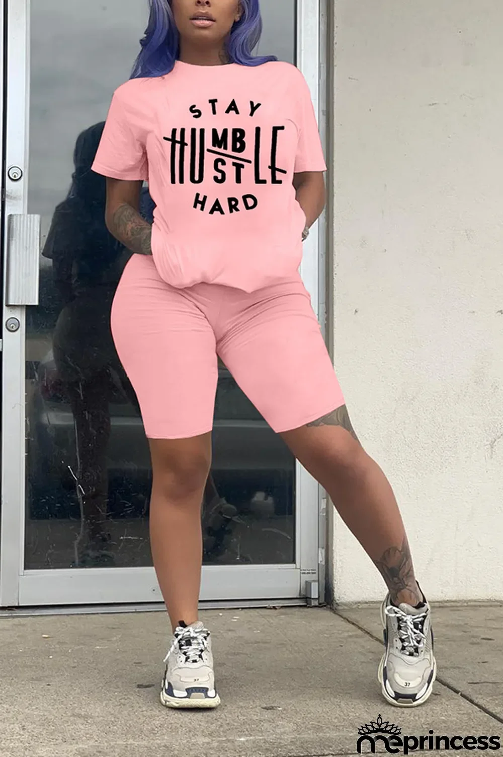 Pink Polyester Fashion Casual Print Loose Short Sleeve Two Pieces