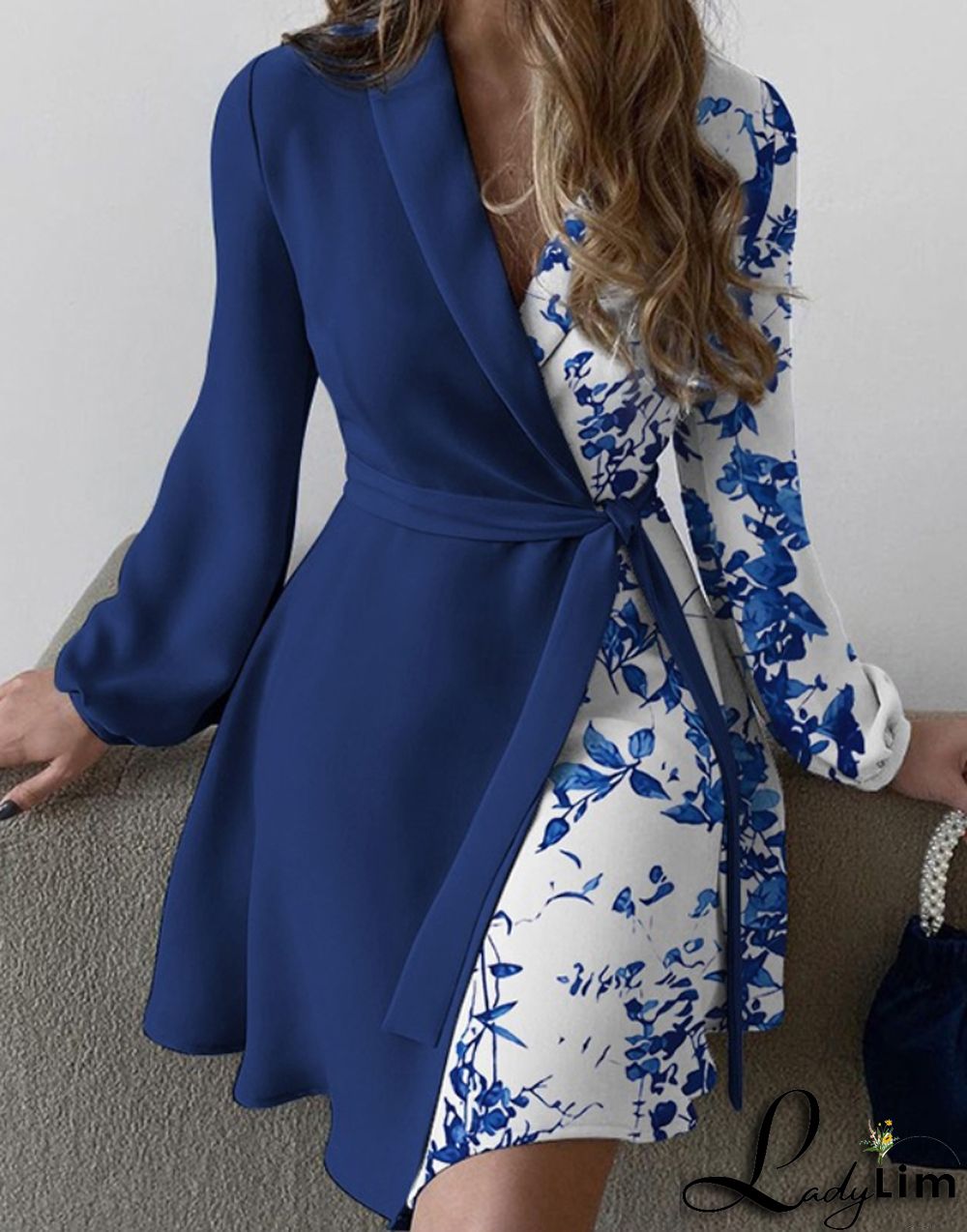 Autumn Blue Print V-Neck Wrap Elegant Cocktail Dress