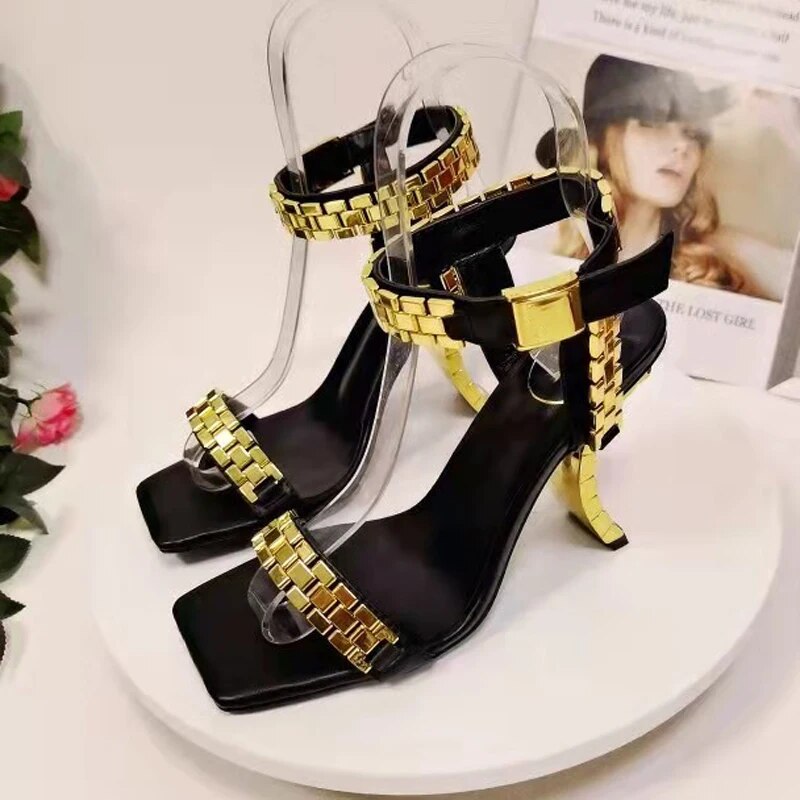 Gold Metal Strap Gladiator Sandals Woman Open Toe Watchband Decor Strange High Heels For Women Party Shoes