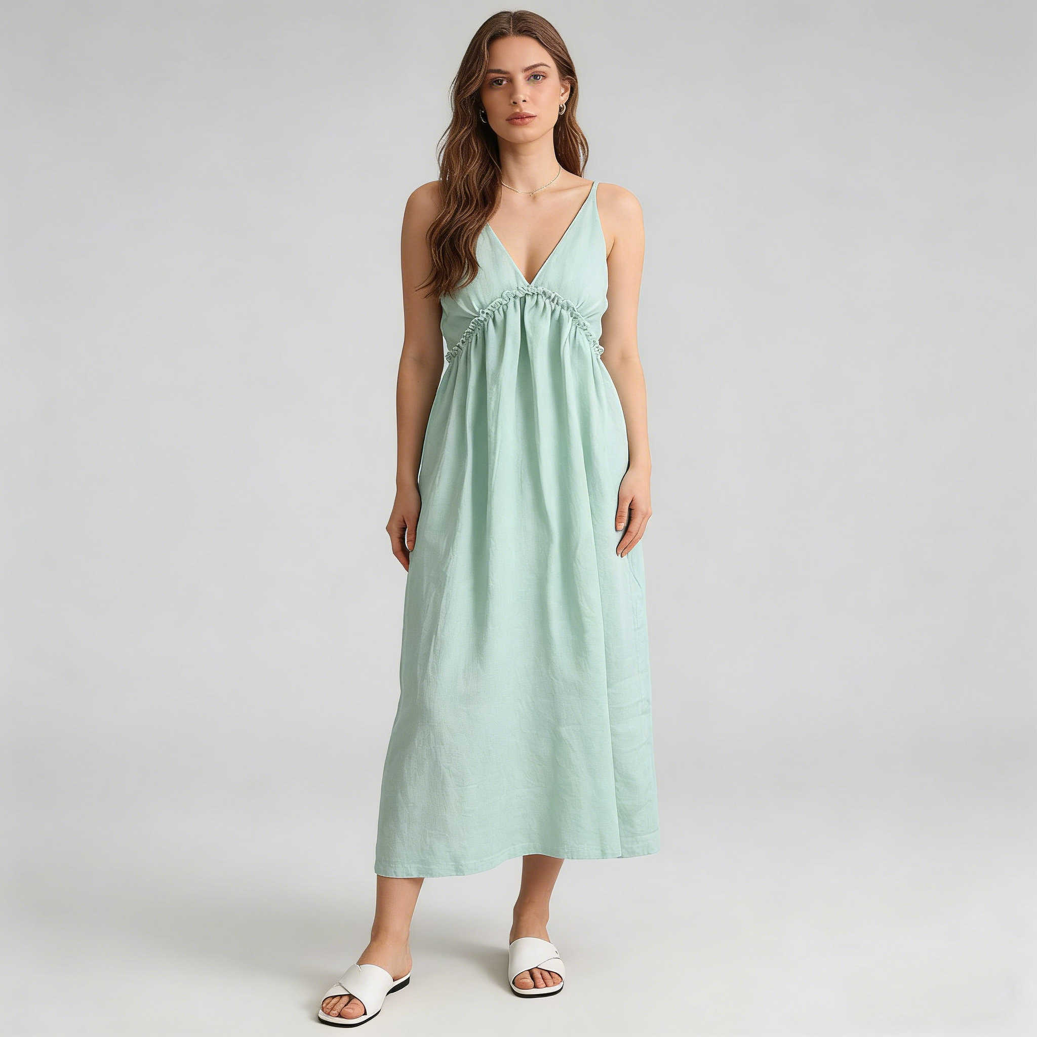 Linen Midi Dress Women 100% Linen V Neck Spaghetti Strap Summer Dress Breathable REAL SILK LIFE