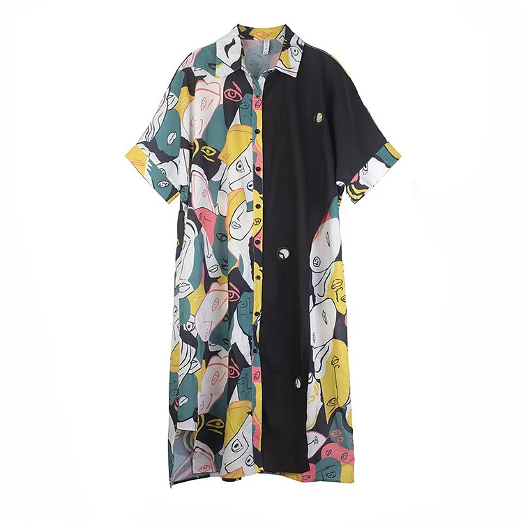 Casual Loose Lapel Abstract Face Printed Patchwork Single-breast Pocket Half Sleeve Dress 