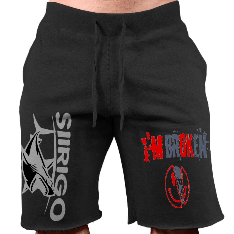 I’M BROKEN and Smiling Face Skull Graphic Print MEN'S SWEAT SHORTS WORKOUT