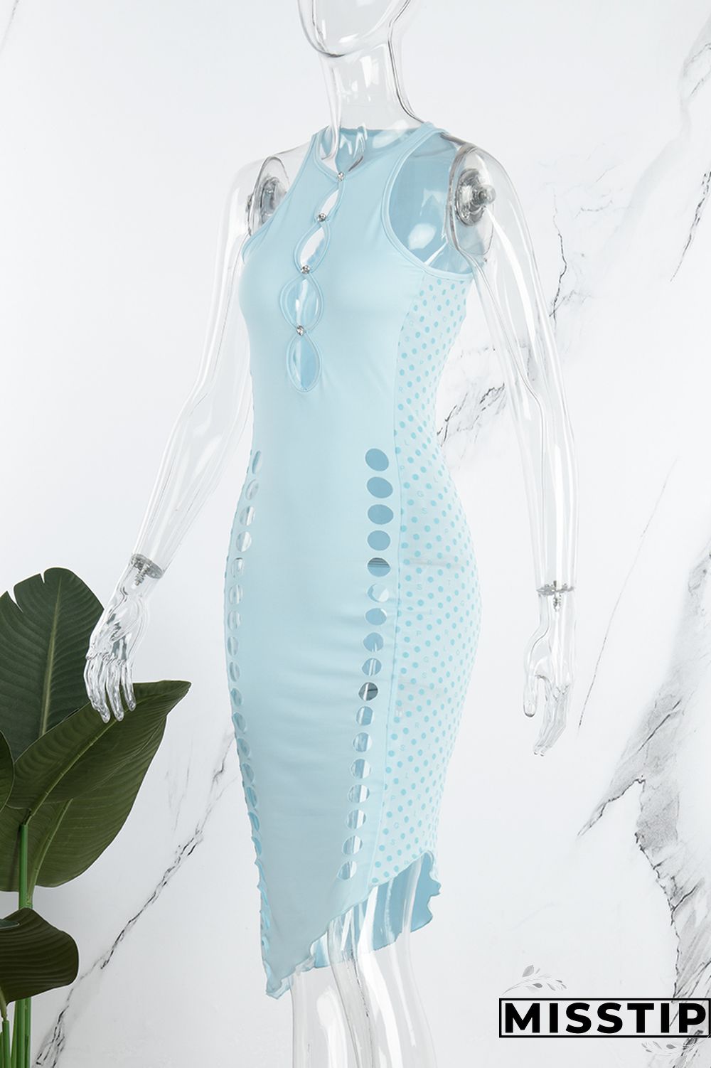Blue Sexy Solid Hollowed Out O Neck Sleeveless Dress Dresses