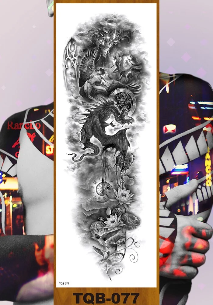 Full Flower Arm Temporary Tattoo Sticker Man Woman Girl Body Sexy Fake Tatoo Pterodactyl Bodhisattva Monkey King Phoenix Nirvana