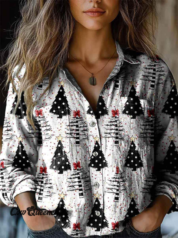 Women’s Vintage Christmas Tree Print Casual Long Sleeve Comfortable Cotton Shirt Multicolor / S