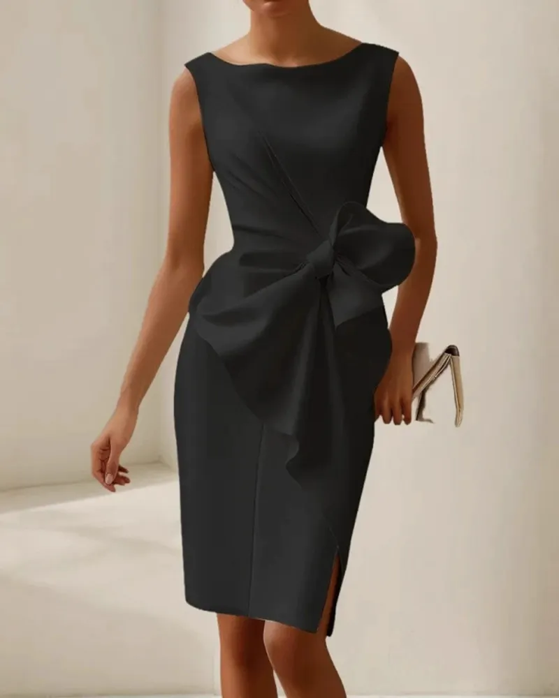 Large Bow Trim Side Split Round Neck Sleeveless Midi Dress