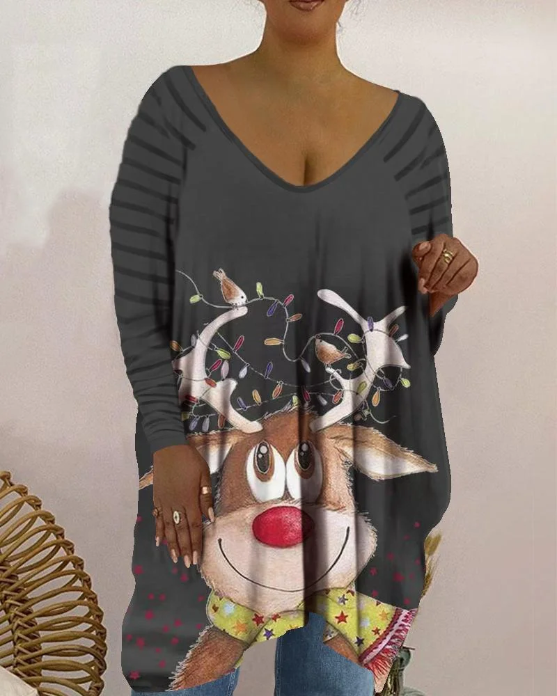 Fashion V-neck long-sleeved Christmas cartoon print plus size blouse