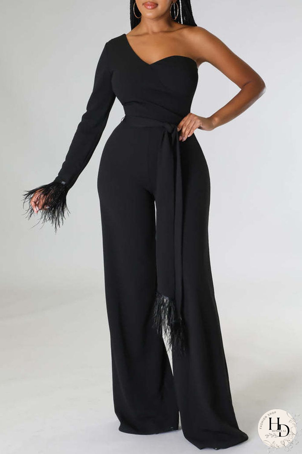 Black Casual Solid Bandage Patchwork Feathers Asymmetrical Collar Regular Jumpsuits