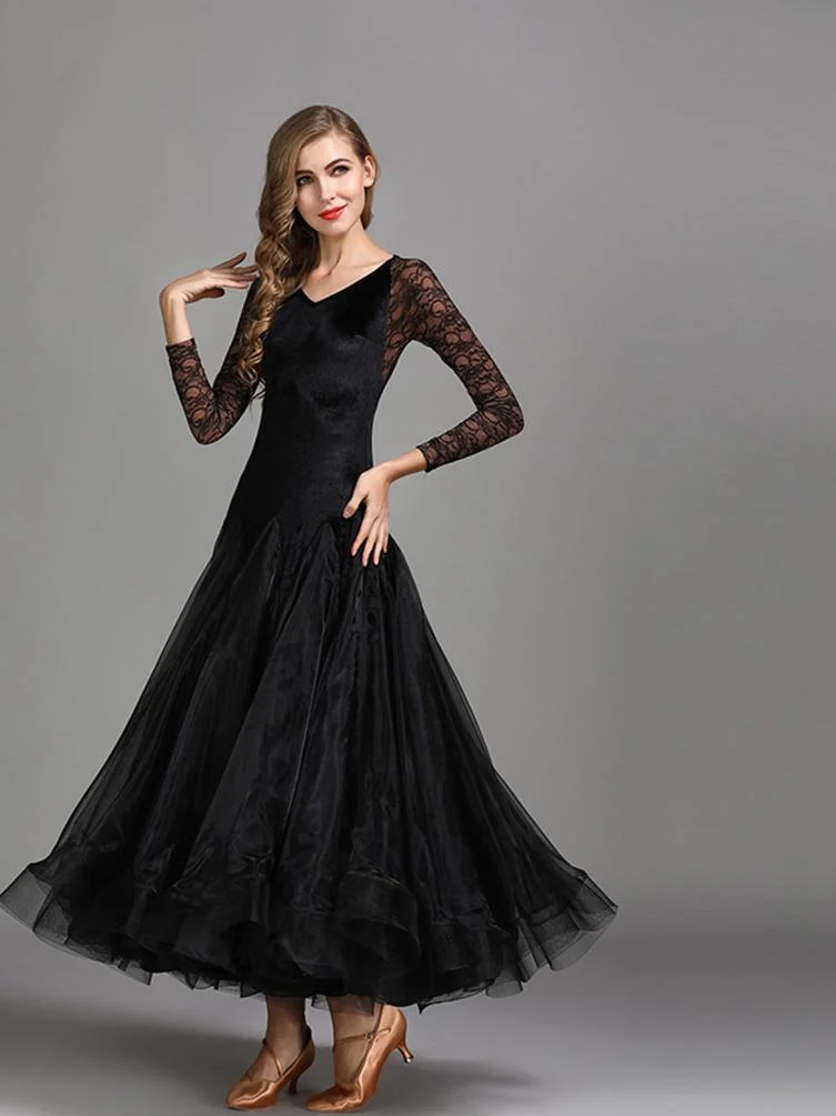 Long Sleeves Ballroom Dance Dress Big Swing Rhinestone Velvet Dresses ...