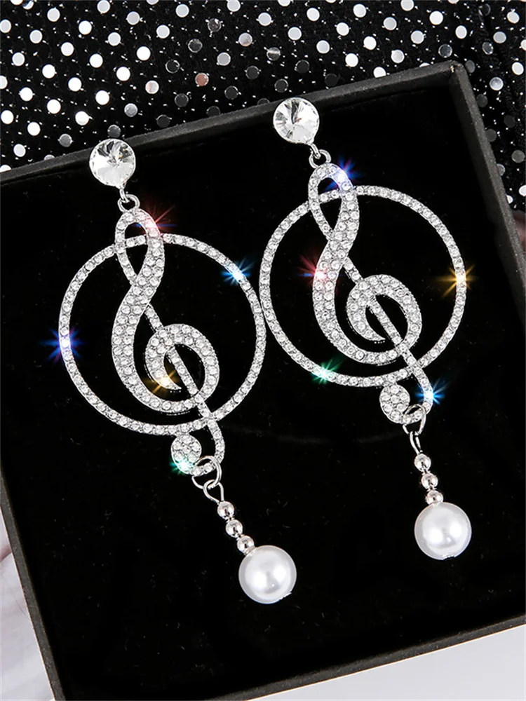 Treble Clef Pearl Pendant Bling Earrings